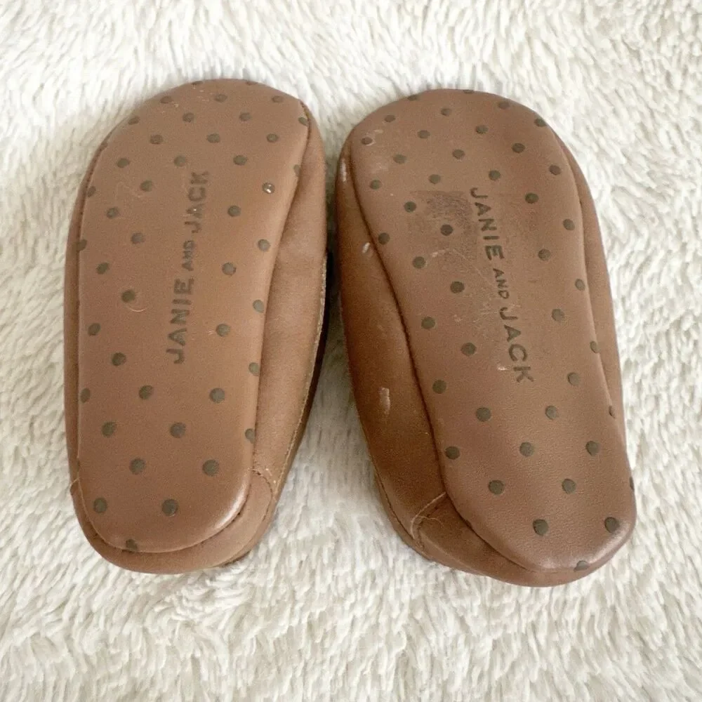 Janie & Jack Infant Brown Leather Moccasins 12-18 Months Embroidered Dog Design